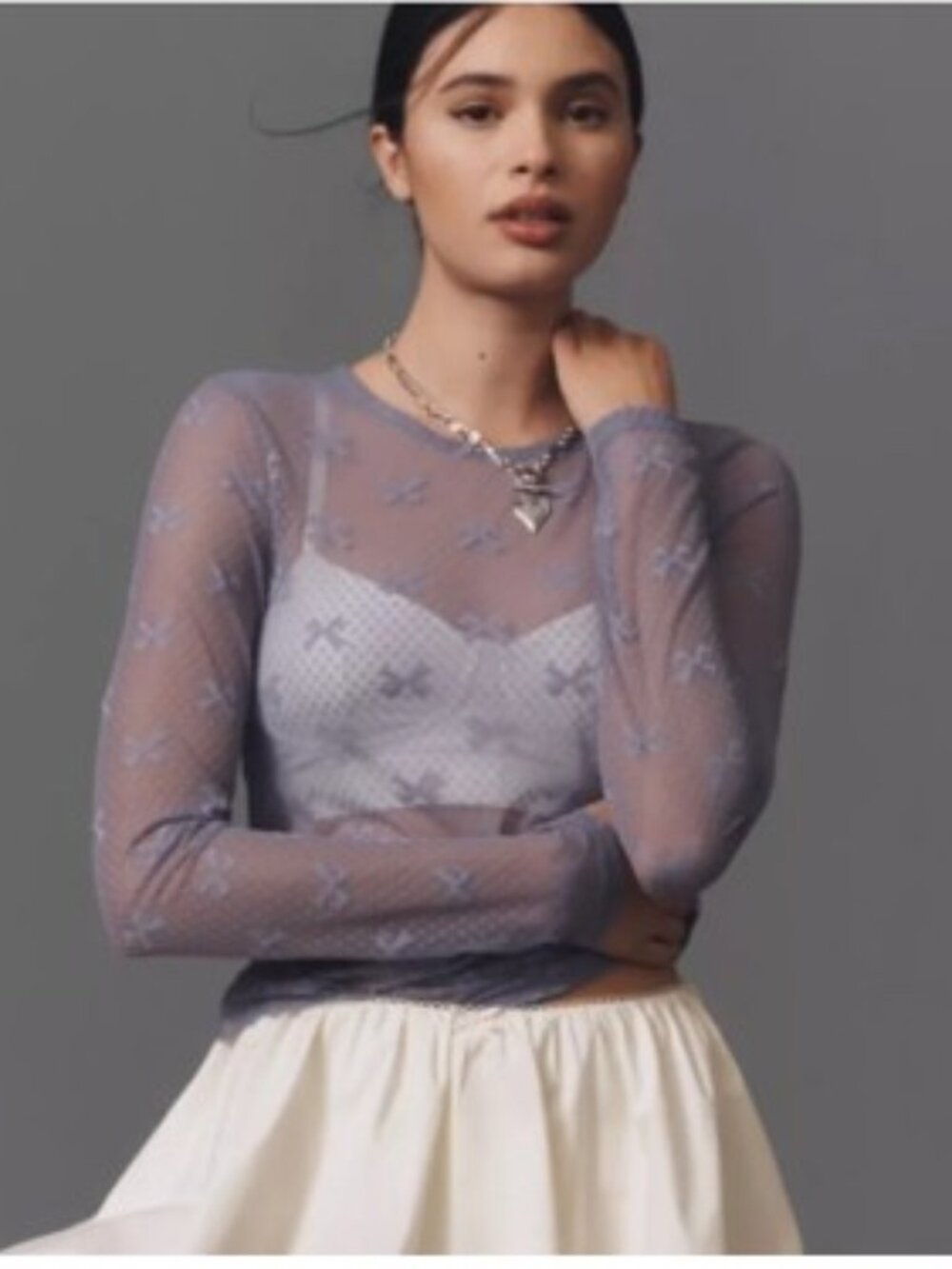 By Anthropologie Long-Sleeve Novelty Lace Top in Slate - Size Small - NWT